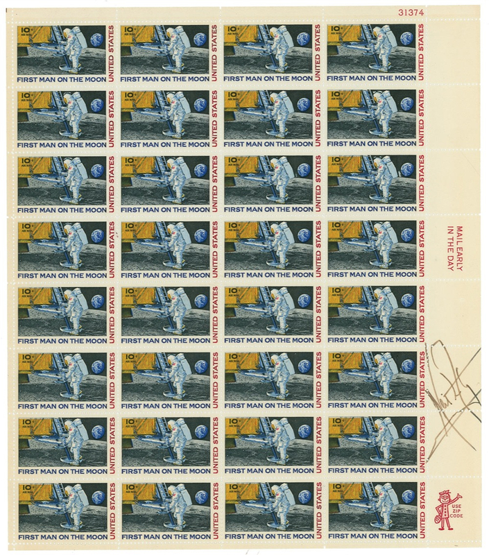 Lot 443 Neil Armstrong: First man on the moon signs a full sheet of commemorative stamps presented to a U.S. Senator
