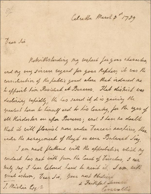 Lot 344 Charles Cornwallis: As he begins to rebuild his damaged reputation, Cornwallis commends an appointee
