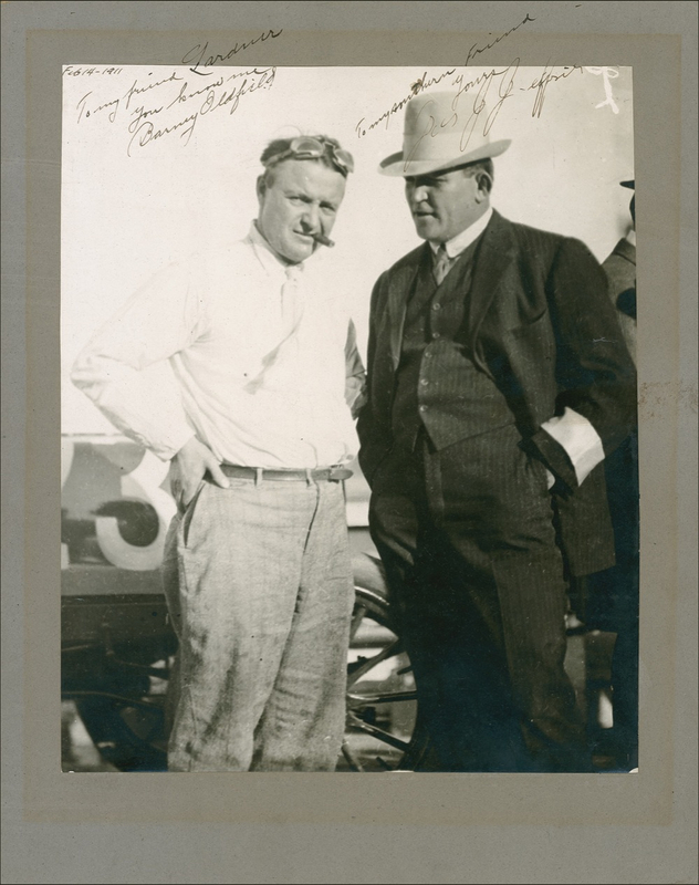 Lot 1229 James J. Jeffries and Barney Oldfield: Two heavyweights?one in the ring and one in a race?send greetings to their sportswriter pal, Ring Lardner