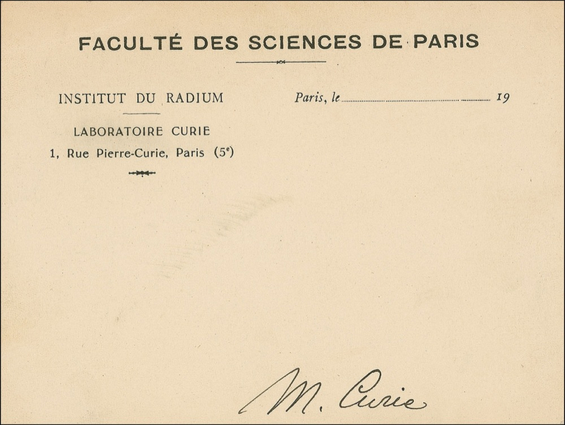 Lot 205 Marie Curie: The renowned physicist and first female professor at the University of Paris sends a signed faculty card