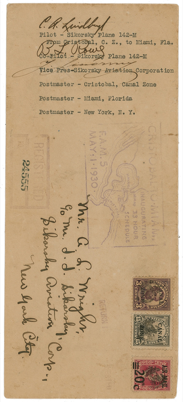 Lot 478 Charles Lindbergh: The only known flown cover signed by Lindbergh, Rowe, and Sikorsky