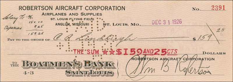Lot 481 Charles Lindbergh: Lindbergh?s final paycheck as he plans to acquire the Spirit of St. Louis