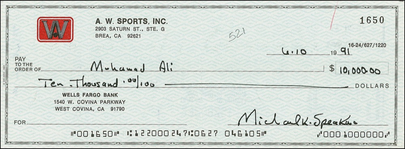 Lot 1146 Muhammad Ali: Rare endorsed Ali check for the classic A. W. Sports boxing card series