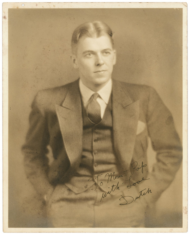 Lot 132 Ronald Reagan: A very youthful Dutch Reagan signs a photo to his ?Mom & Pop?