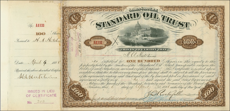 Lot 301 John D. Rockefeller: Scarce ?brown? Standard Oil stock certificate
