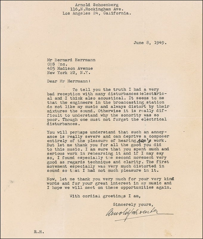 Lot 703 Arnold Schoenberg: Irked by the behavior of ?engineers in the broadcasting station? and lamenting to a colleague that such disturbances ?deprive a composer entirely of the pleasure of hearing his work?