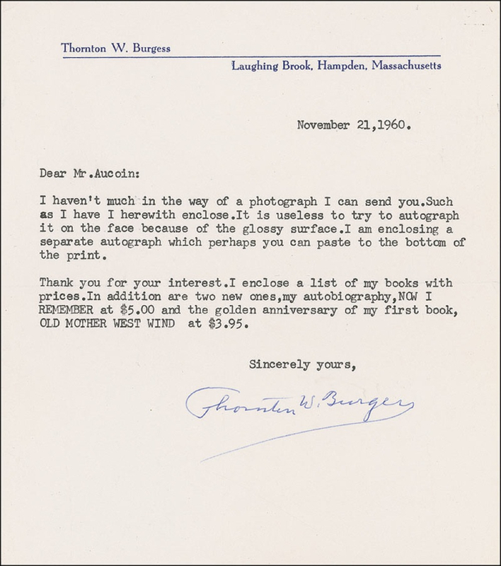 Lot 525 Thornton W. Burgess Letter and Photograph