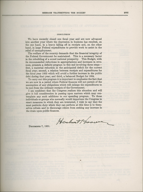 Lot 70 Herbert Hoover: Mired in the great depression that ruins his re-election hopes, the president signs the budget he believes will end the downward economic spiral