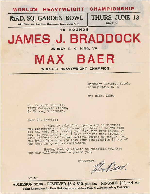 Lot 1152 Max Baer: Bold letterhead from a bold fighter just weeks before his disastrous loss to Braddock
