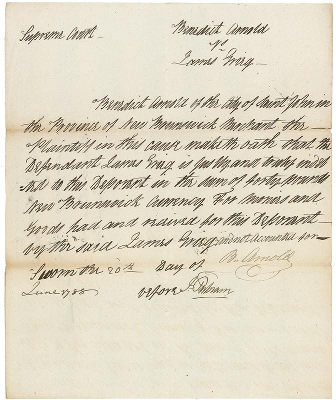 Lot 182 Benedict Arnold: The great traitor, now shamefully living in Canada, uses the courts to collect money that his failing business could not