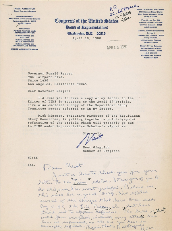 Lot 133 Ronald Reagan: The future president thanks GOP watchdog Gingrich for coming to his defense