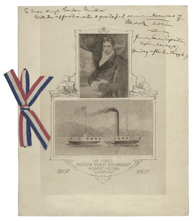 Lot #533 Samuel L. Clemens: CLEMENS HONORS FULTON: The famed writer signs at an historic dinner commemorating the centenary of the steamboat - Image 1