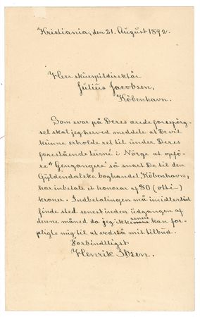 Lot #566 Henrik Ibsen: “I will grant you the right to perform ‘Ghosts’ during your imminent tour of Norway” - Image 1