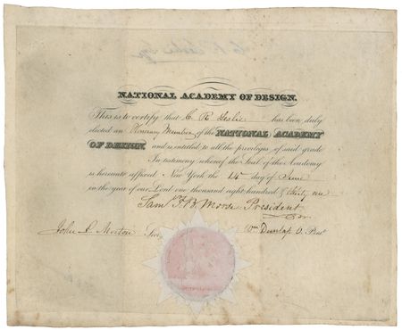 Lot #285 Samuel F. B. Morse: A year before his conception of the telegraph, the multi-talented artist and inventor admits an eminent painter to the National Academy of Design - Image 1