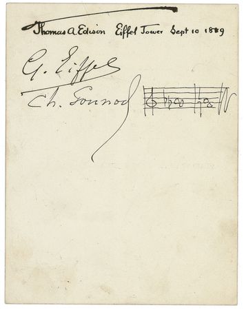Lot #235 Thomas Edison, Gustave Eiffel, and Charles Gounod: Edison, Eiffel, and Gounod sign during Edison?s visit to the Eiffel Tower - Image 1