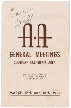 Lot #332 Bill Wilson: Rare signed AA General Meetings brochure - Image 1