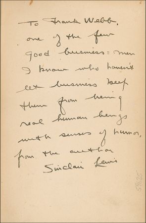 Lot #576 Sinclair Lewis: Two great inscriptions: one in words, one in picture - Image 1