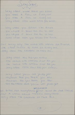 Lot #727 Beatles: Evans, Mal:  Abbey Road lyric sheet to Sexie Sadie, written out by road manager and friend, Mal Evans - Image 2