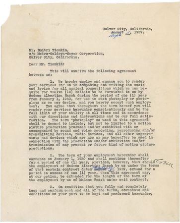 Lot #711 Dimitri Tiomkin Signed Document - Image 1