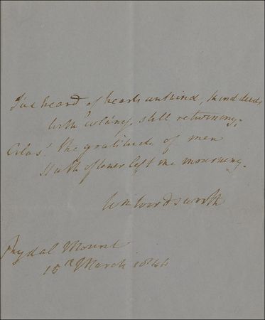 Lot #633 William Wordsworth: Wordsworth pens a quote from The Old Huntsman, complete with an original watercolor of his homestead - Image 2
