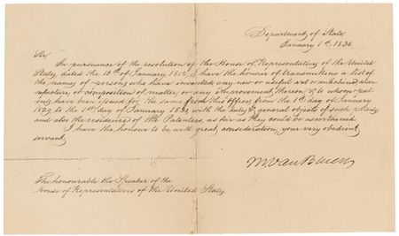 Lot #172 Martin Van Buren: The Secretary of State presents a year’s worth of patents to the opening of the 1830 US Congress - Image 1