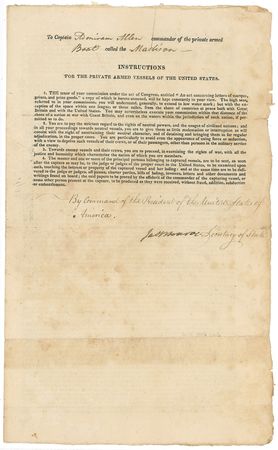 Lot #102 James Monroe: During the War of 1812, Monroe enlists the ?Madison? and her privateers to take on the British Navy - Image 1