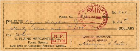 Lot #14 Jimmy and Rosalynn Carter Check - Image 2