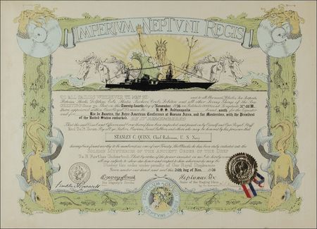 Lot #141 Franklin D. Roosevelt: The first-ever crossing of the equator by a sitting US President is commemorated in a scarce Shellback certificate—from the doomed USS Indianapolis - Image 1