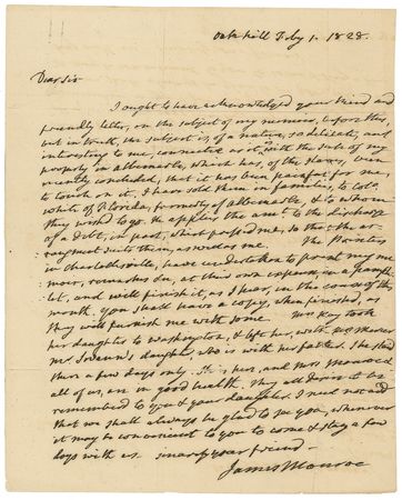 Lot #104 James Monroe: The paternalistic racism of a Founding Father: ?The sale of my property in Albemarle, which has, of the slaves, been recently concluded, that it has been painful for me, to touch on it. I have sold them in families? - Image 1