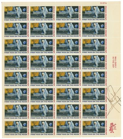 Lot #443 Neil Armstrong: First man on the moon signs a full sheet of commemorative stamps presented to a U.S. Senator - Image 1