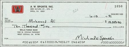 Lot #1146 Muhammad Ali: Rare endorsed Ali check for the classic A. W. Sports boxing card series - Image 1
