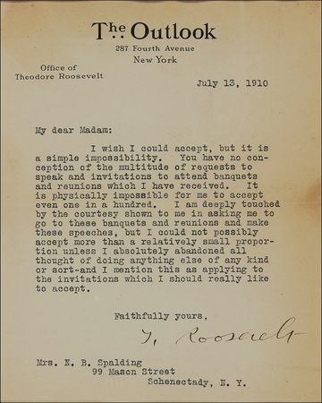 Lot #149 Theodore Roosevelt: A blunt rebuke from a former president following an invitation to speak: ?It is physically impossible for me to accept even one in a hundred? - Image 2