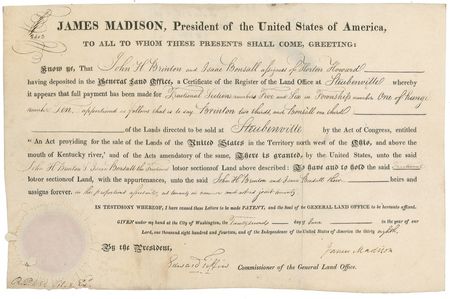 Lot #97 James Madison: Madison land grant two months before the burning of Washington - Image 1