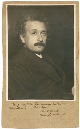 Lot #247 Albert Einstein: Basking in the eclipse which proved his theory, the suddenly famous Einstein inscribes to dear friend, surgeon Moritz Katzenstein - Image 1