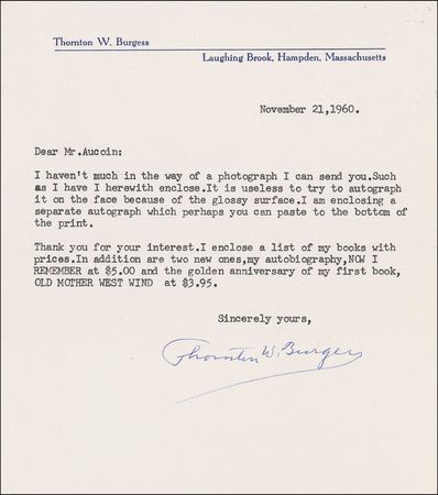 Lot #525 Thornton W. Burgess Letter and Photograph - Image 1