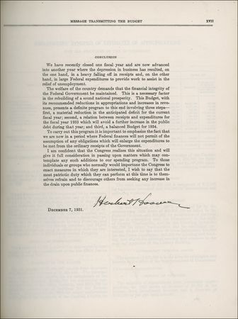 Lot #70 Herbert Hoover: Mired in the great depression that ruins his re-election hopes, the president signs the budget he believes will end the downward economic spiral - Image 1