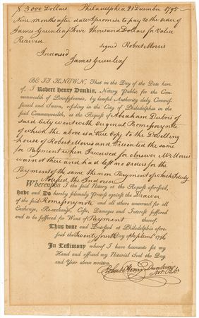 Lot #222 Declaration of Independence: Morris, Robert: The Financier of the Revolution signs a promissory note to his partner just prior to financial ruin - Image 1