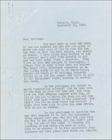 Lot #979 W. C. Fields: After sharing his fear of losing Sugar Daddy status with his mistress, the My Little Chickadee star hysterically complains of being double crossed by Universal Pictures and fighting with ?Uncle Whiskers? - Image 1