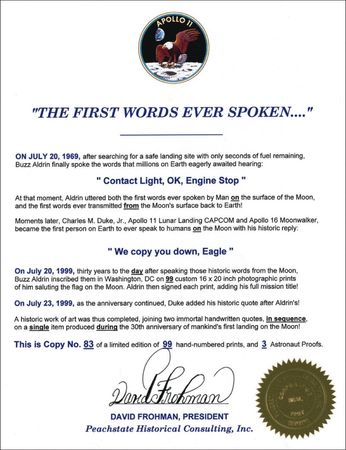 Lot #489 Apollo 11: Aldrin and Duke First Words Spoken Ltd Edition Print - Image 2