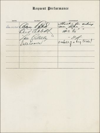 Lot #1104 Request Performance: Hollywood’s great stars, including Rathbone and Bruce, Abbott and Costello, Burns and Allen, Boris Karloff, and Frank Morgan sign at their Request Performance - Image 15