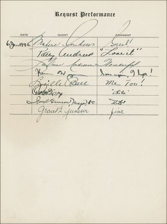 Lot #1104 Request Performance: Hollywood’s great stars, including Rathbone and Bruce, Abbott and Costello, Burns and Allen, Boris Karloff, and Frank Morgan sign at their Request Performance - Image 16