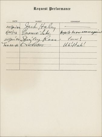 Lot #1104 Request Performance: Hollywood’s great stars, including Rathbone and Bruce, Abbott and Costello, Burns and Allen, Boris Karloff, and Frank Morgan sign at their Request Performance - Image 18