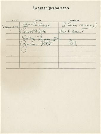 Lot #1104 Request Performance: Hollywood’s great stars, including Rathbone and Bruce, Abbott and Costello, Burns and Allen, Boris Karloff, and Frank Morgan sign at their Request Performance - Image 24