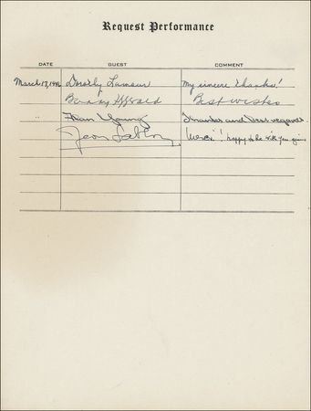 Lot #1104 Request Performance: Hollywood’s great stars, including Rathbone and Bruce, Abbott and Costello, Burns and Allen, Boris Karloff, and Frank Morgan sign at their Request Performance - Image 26