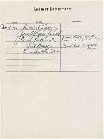 Lot #1104 Request Performance: Hollywood’s great stars, including Rathbone and Bruce, Abbott and Costello, Burns and Allen, Boris Karloff, and Frank Morgan sign at their Request Performance - Image 7