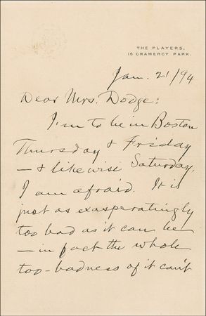 Lot #597 Samuel L. Clemens: Upset by his busy schedule, the American satirist complains, “The whole too badness of it can’t be done justice to without ripping & cussing” - Image 1
