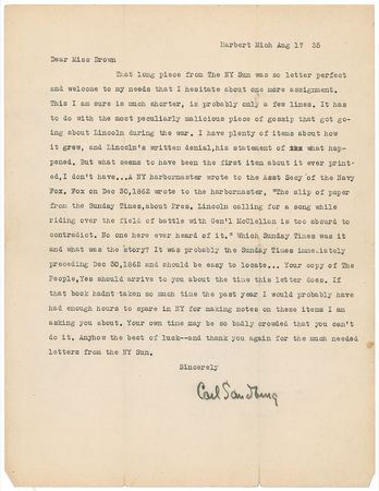 Lot #659 Carl Sandburg: Remarkable insight into the creation of a Pulitzer Prize-winning work on Lincoln - Image 1