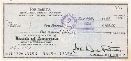 Lot #1130 Three Stooges: Moe Howard and Joe DeRita: Curly-Joe gives Moe a $100 check - Image 1