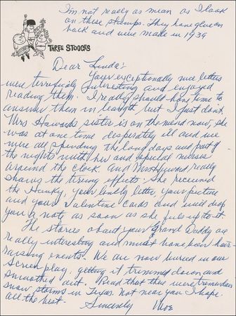 Lot #1127 Three Stooges: Moe Howard: The head Stooge writes a fan while finishing work on their last theatrical release - Image 1