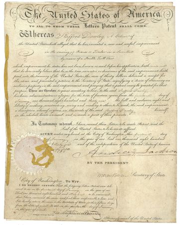 Lot #80 Andrew Jackson and Martin Van Buren: Two presidents, one present and one future, approve a patent for a new double tooth saw to enhance America?s building habits - Image 1